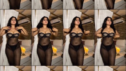 Shilpa Fit curvy body lingerie tease in black sheer bodysuit