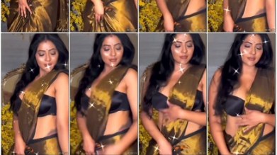 Reshma Pasupuleti gold saree cleavage tease Insta exclusive