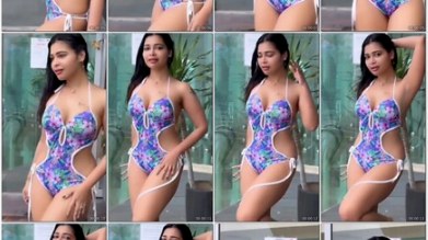 Tamil Dharsha colorful cutout swimsuit pose Insta exclusive