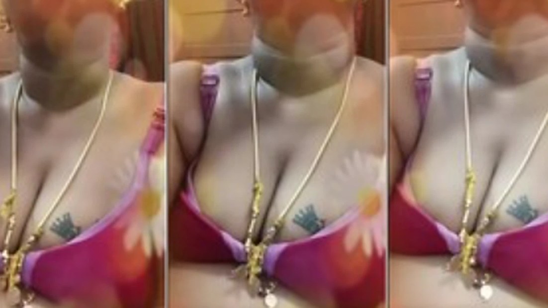 Tamil Anju shows cleavage in a purple floral bra on Tango