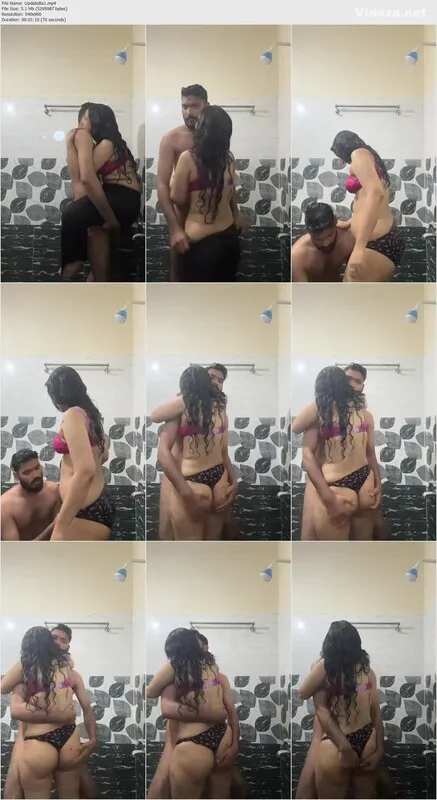 Beautiful wife in bra giving blowjob in bathroom